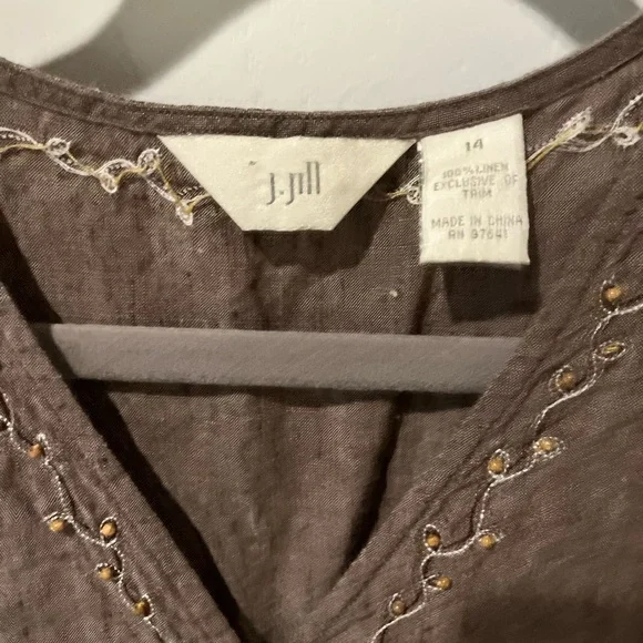 Linen Vintage J Jill Brown Sleeveless Blouse with Embroidery and Beads - Picture 3 of 5